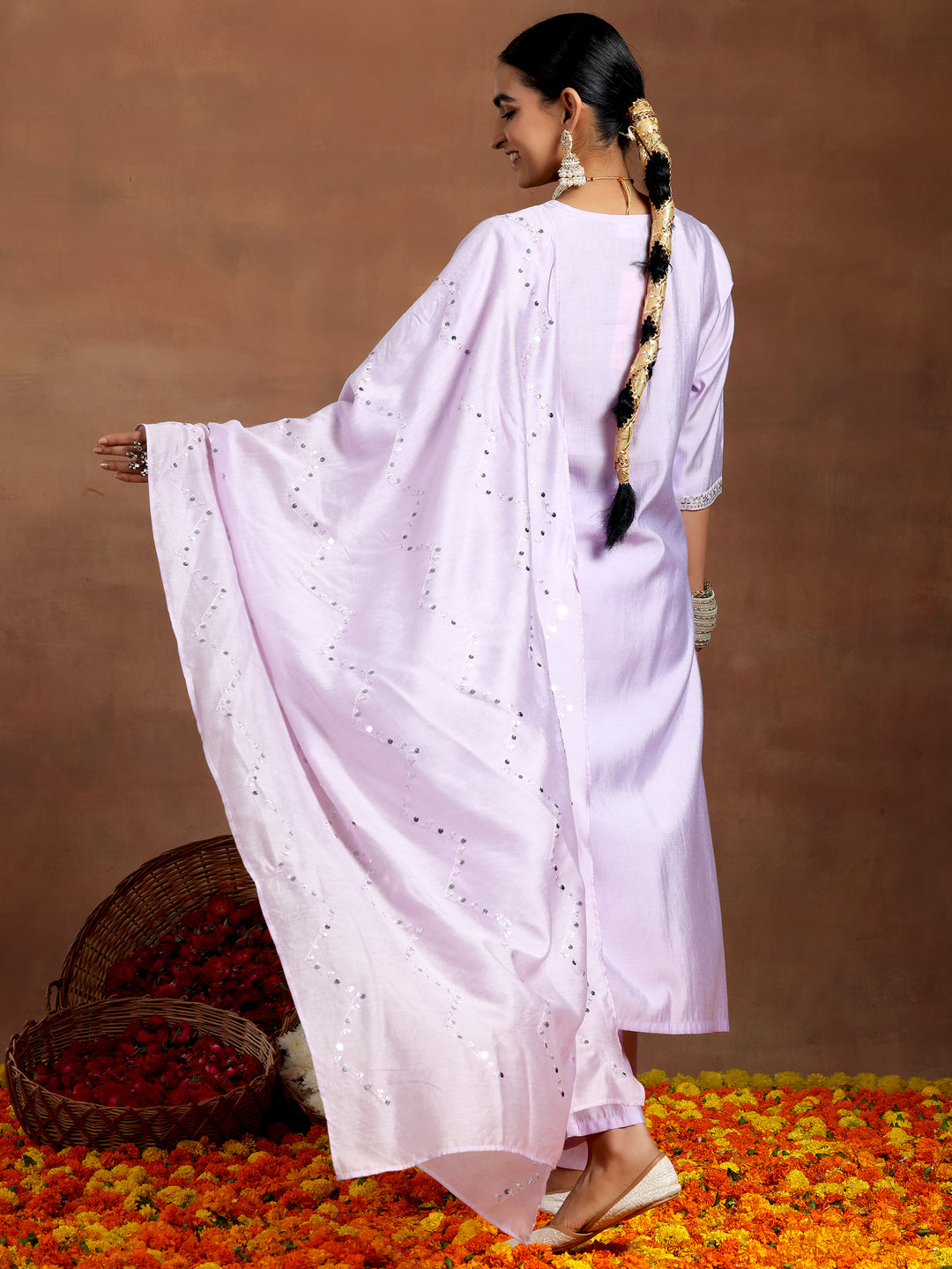  Lavender Yoke Design Silk Blend Straight Suit With Dupatta 