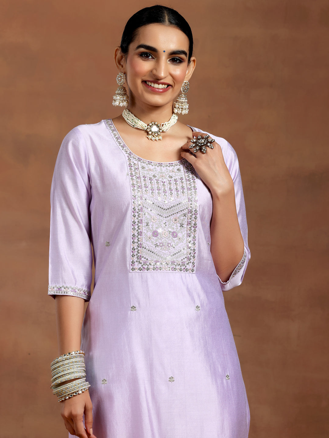  Lavender Yoke Design Silk Blend Straight Suit With Dupatta 