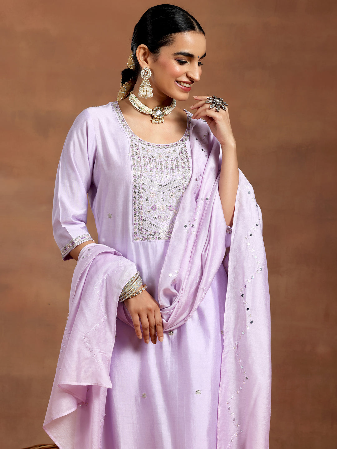  Lavender Yoke Design Silk Blend Straight Suit With Dupatta 