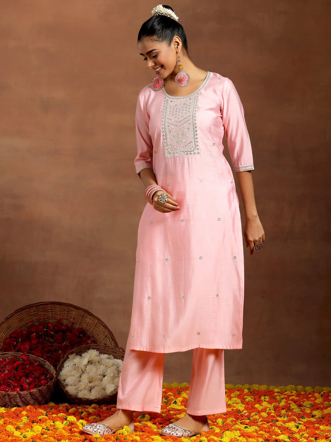  Peach Yoke Design Silk Blend Straight Suit With Dupatta 