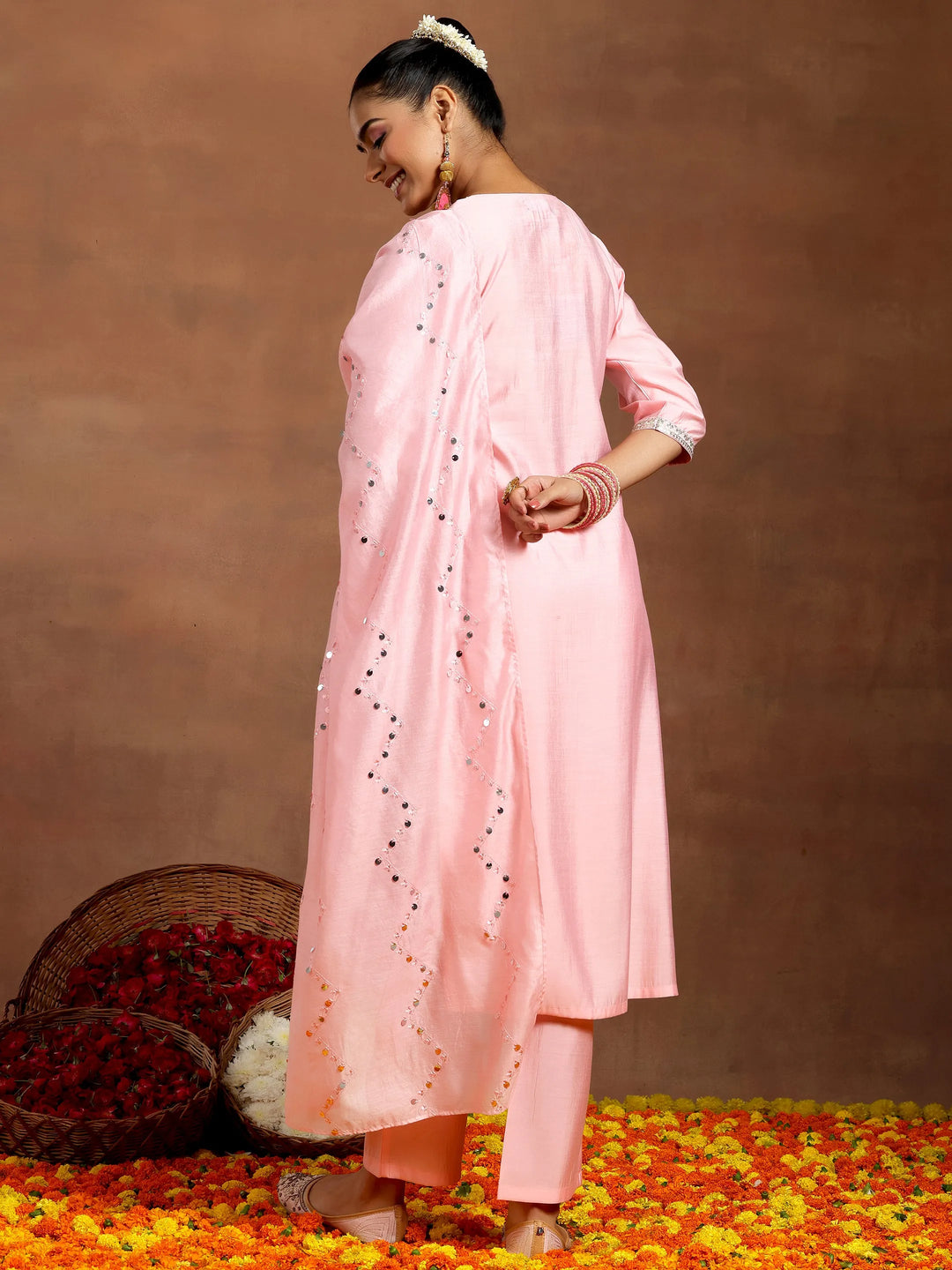  Peach Yoke Design Silk Blend Straight Suit With Dupatta 