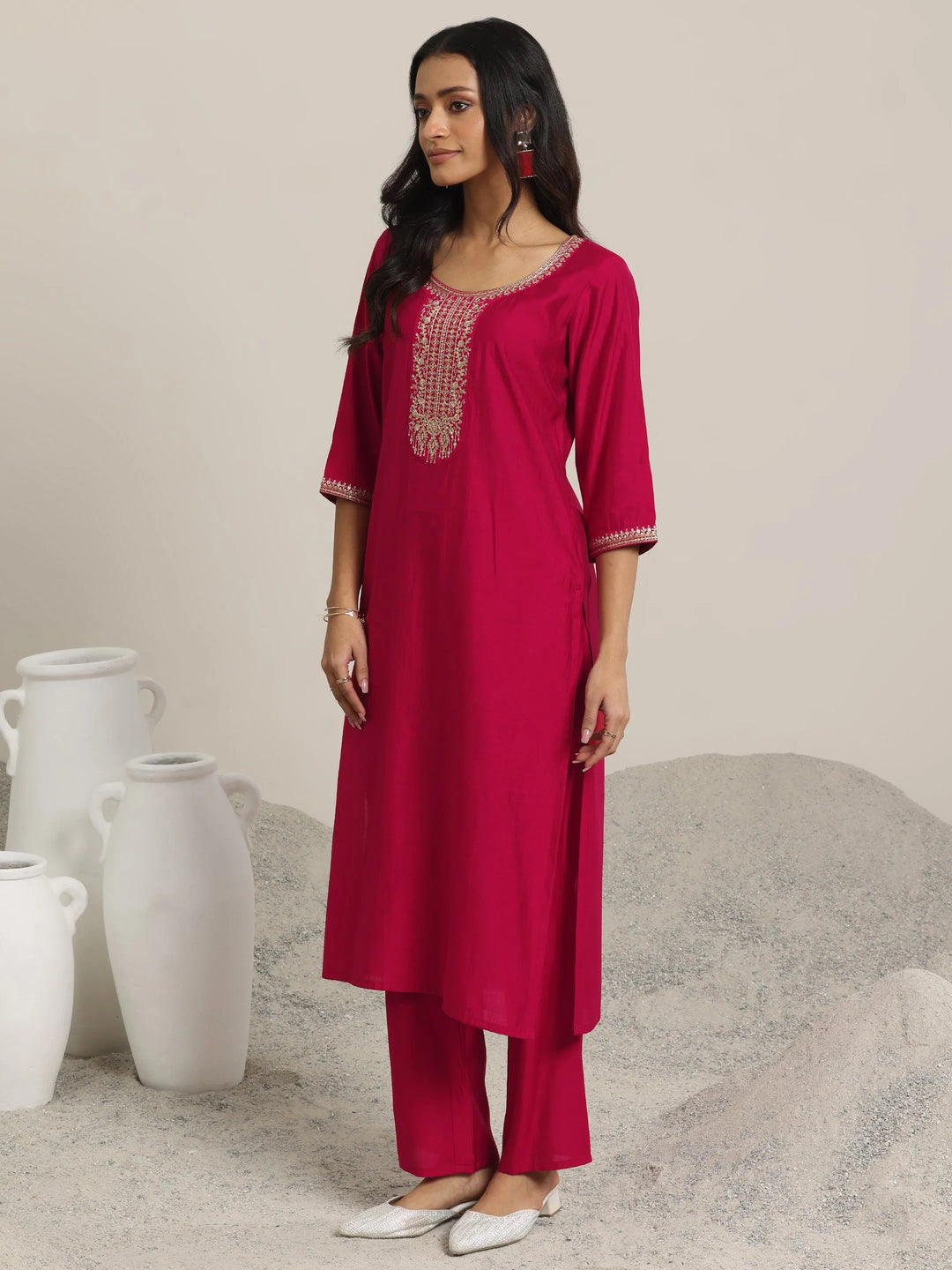  Red Yoke Design Silk Blend Straight Suit With Dupatta 