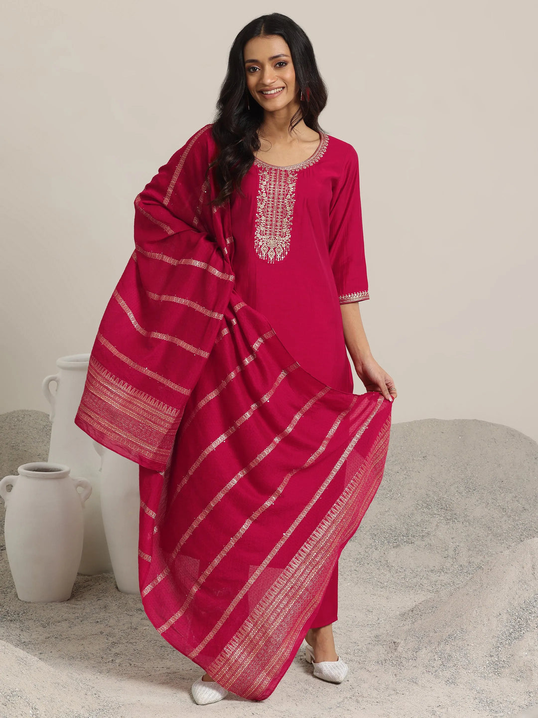  Red Yoke Design Silk Blend Straight Suit With Dupatta 