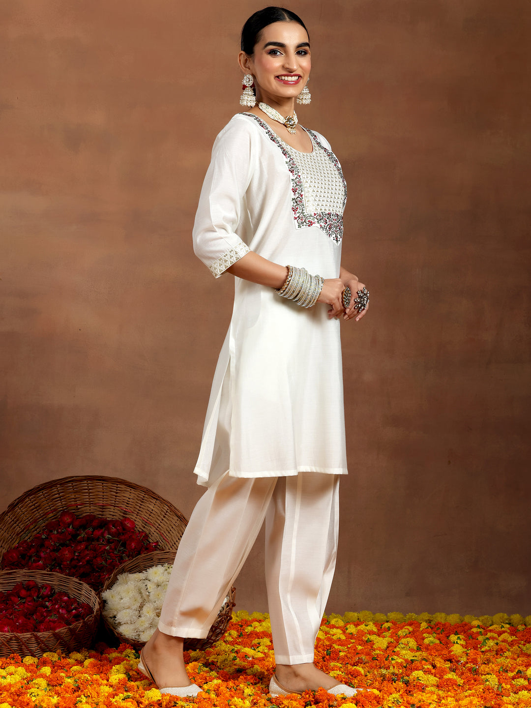  White Yoke Design Silk Blend Straight Suit With Dupatta 