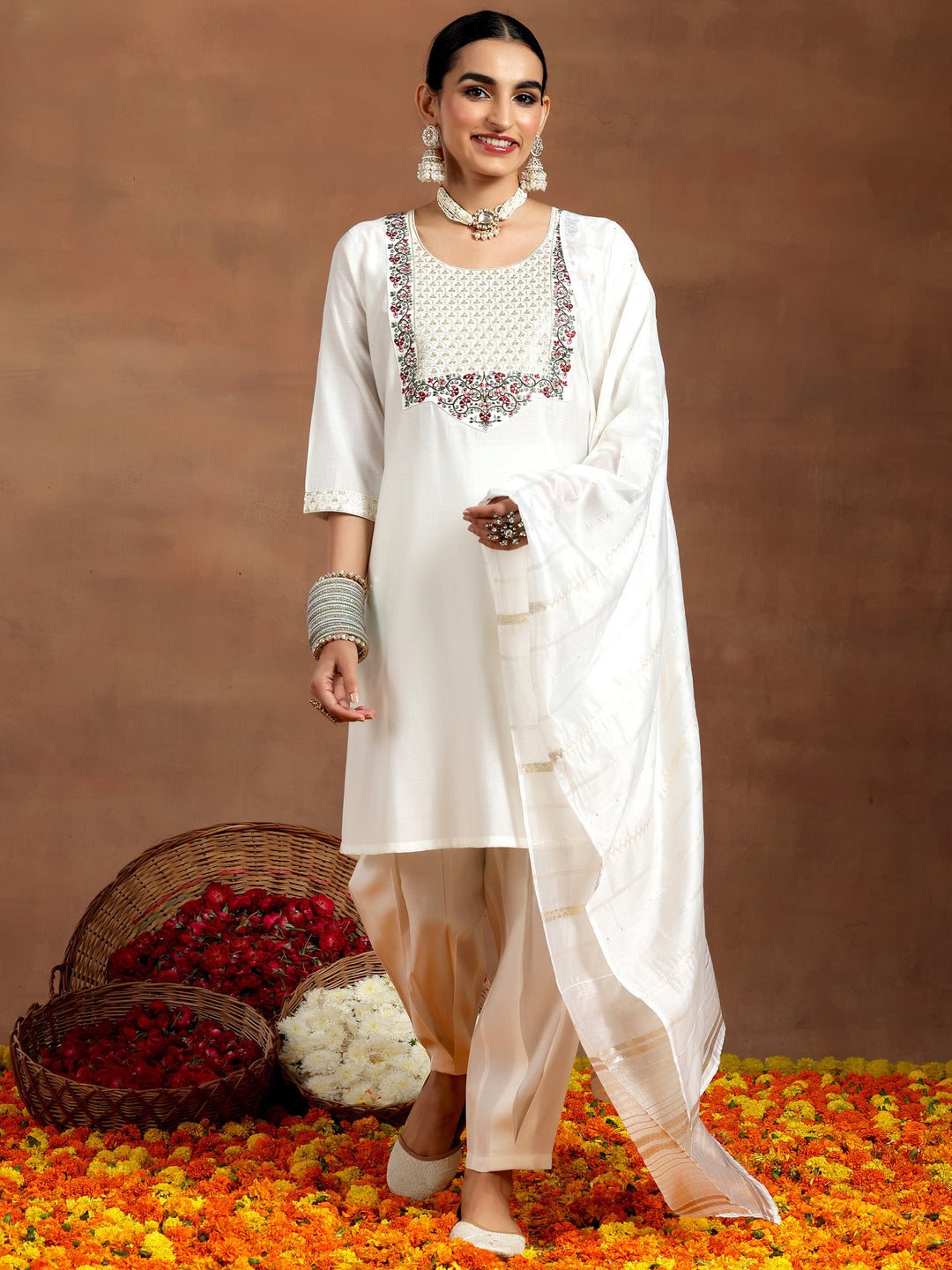 White Yoke Design Silk Blend Straight Suit With Dupatta