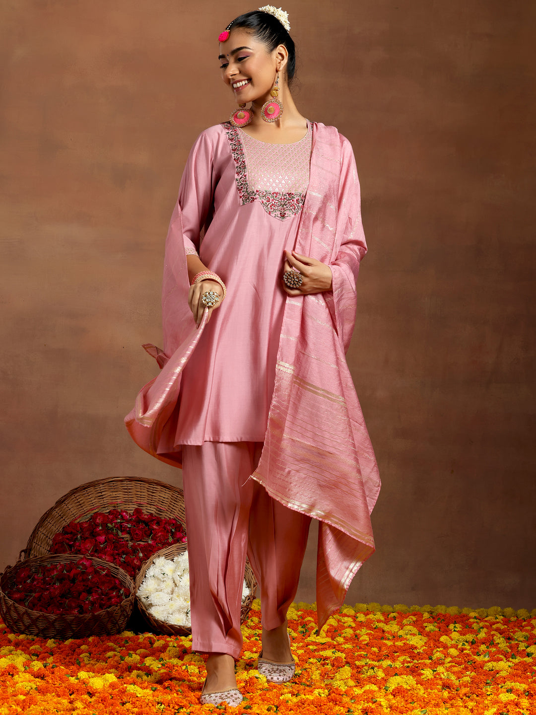  Pink Yoke Design Silk Blend Straight Suit With Dupatta 