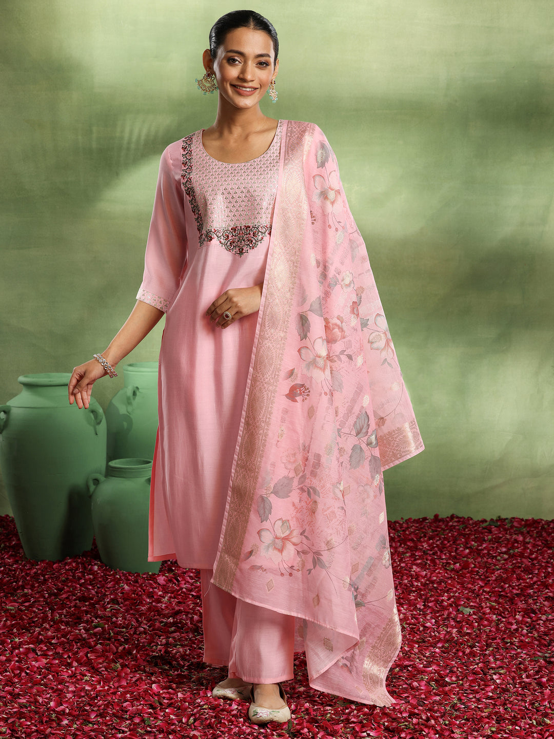  Pink Yoke Design Silk Blend Straight Suit With Dupatta 