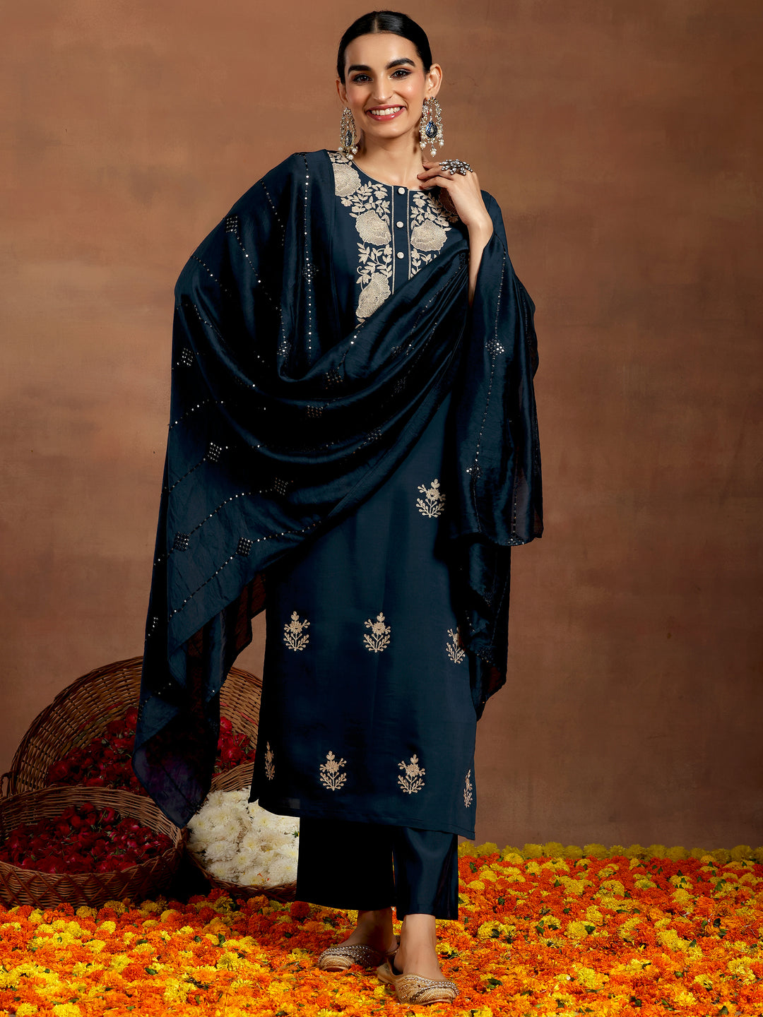 Blue Yoke Design Silk Blend Straight Suit With Dupatta