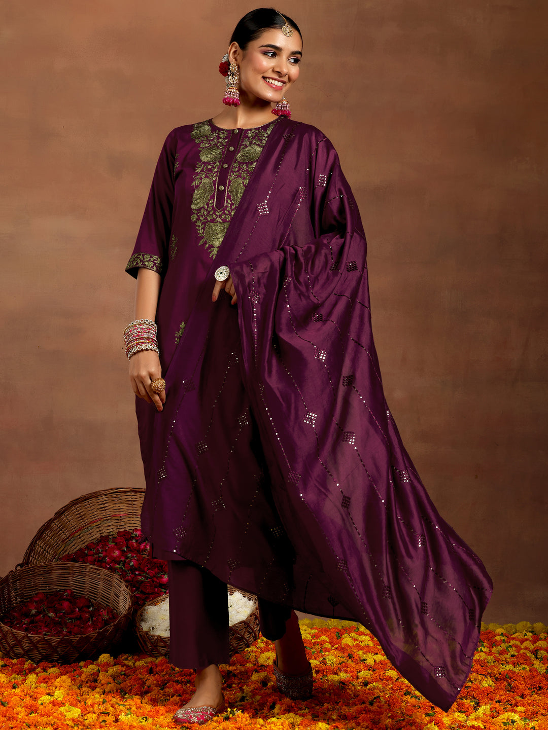 Burgundy Yoke Design Silk Blend Straight Suit With Dupatta