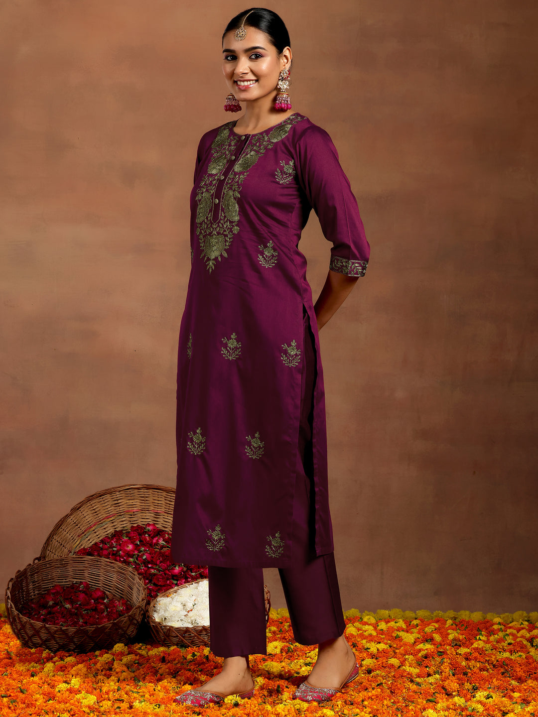  Burgundy Yoke Design Silk Blend Straight Suit With Dupatta 