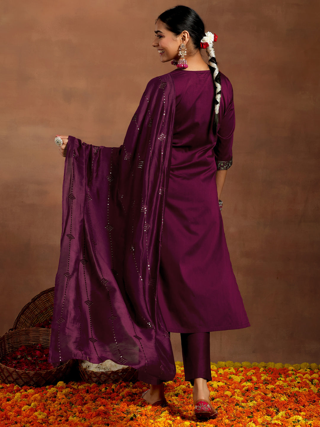  Burgundy Yoke Design Silk Blend Straight Suit With Dupatta 