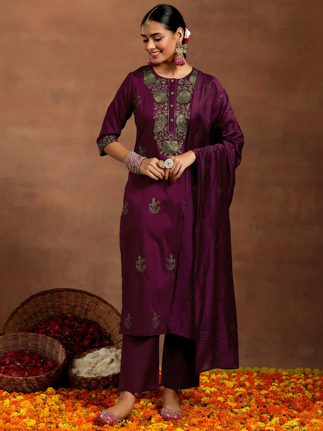  Burgundy Yoke Design Silk Blend Straight Suit With Dupatta 