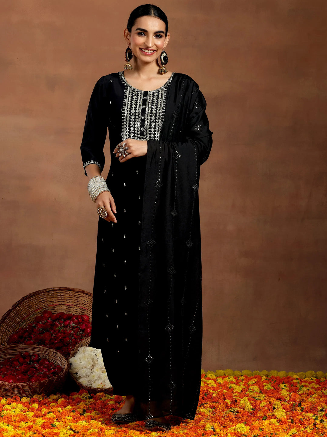 Black Embroidered Silk Blend Straight Suit With Dupatta