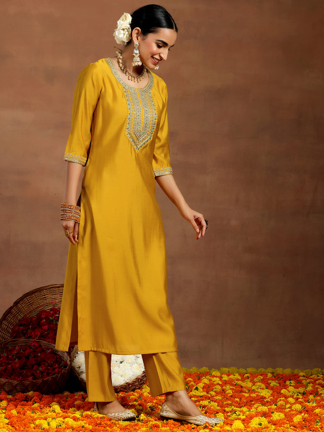  Mustard Yoke Design Silk Blend Straight Kurta Set 