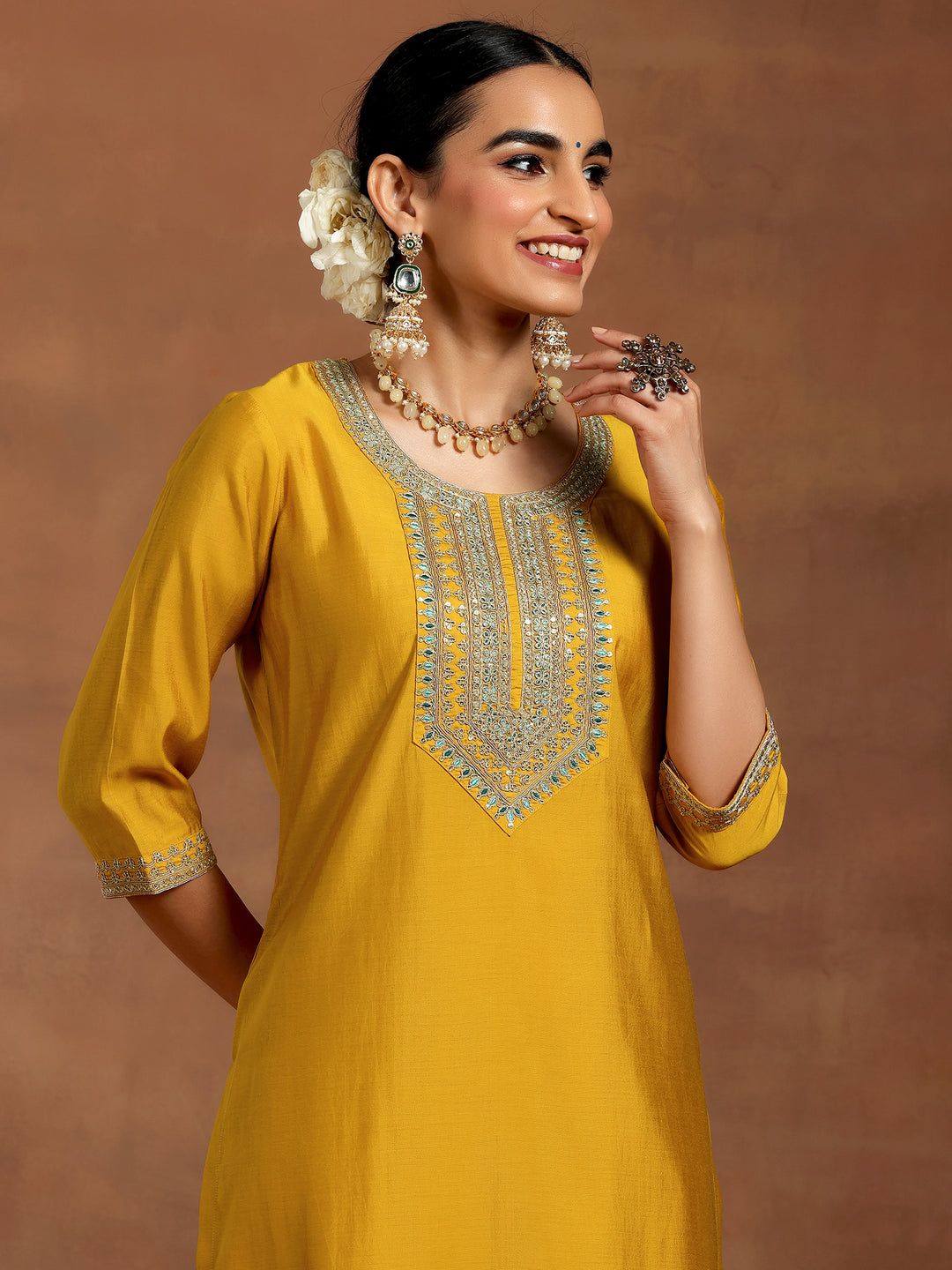  Mustard Yoke Design Silk Blend Straight Kurta Set 