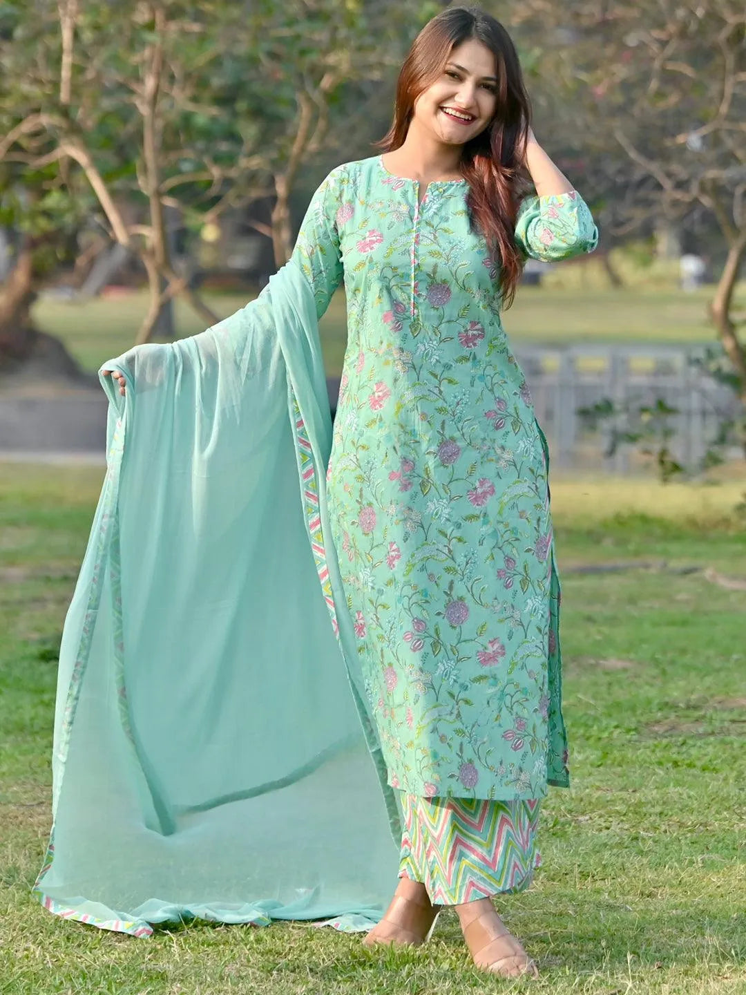  Green Printed Cotton Straight Kurta With Palazzos & Dupatta 