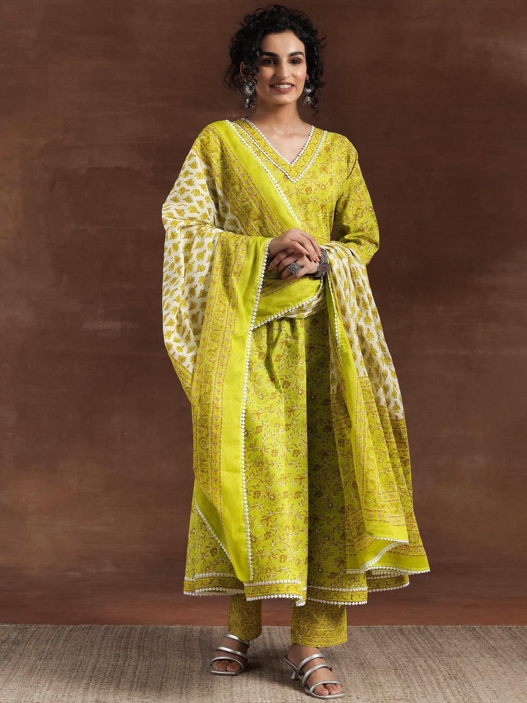 Green Printed Cotton Anarkali Suit With Dupatta - Libas 