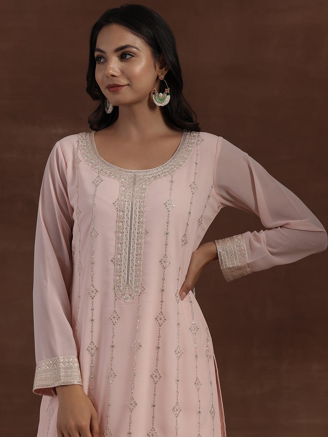 Peach Embroidered Georgette Straight Suit With Dupatta - Libas 