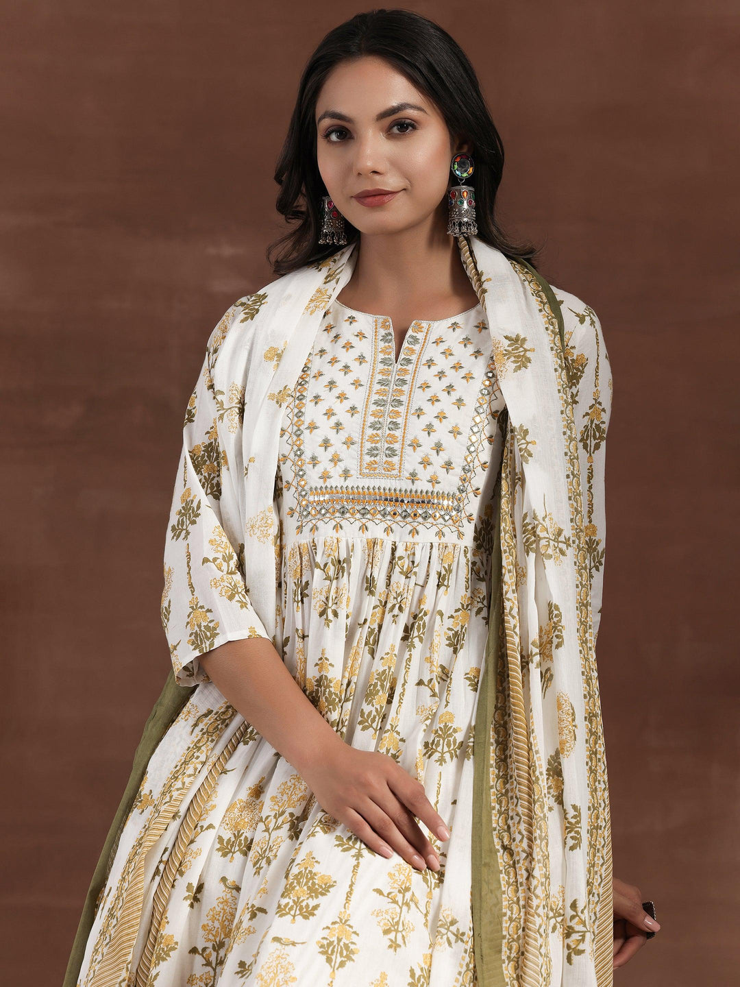 Off White Printed Cotton Anarkali Suit With Dupatta - Libas 