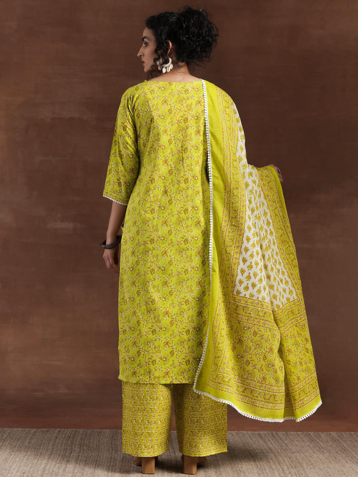 Green Printed Cotton Straight Suit With Dupatta - Libas