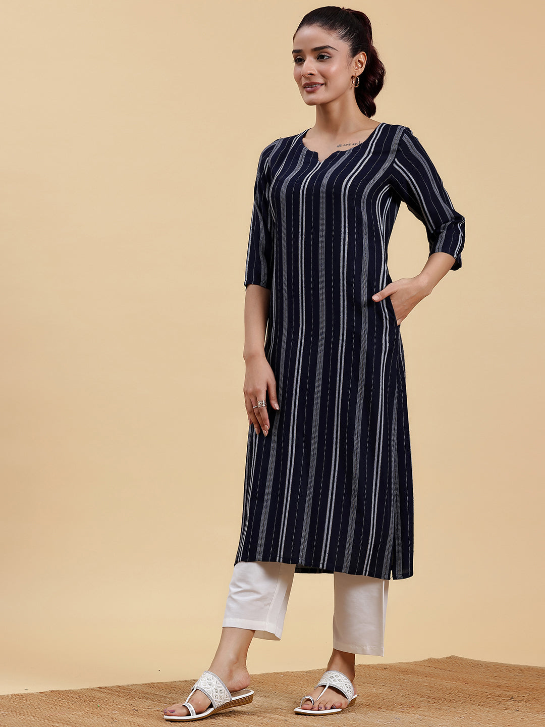  Navy Blue Woven Design Rayon Straight Kurta 