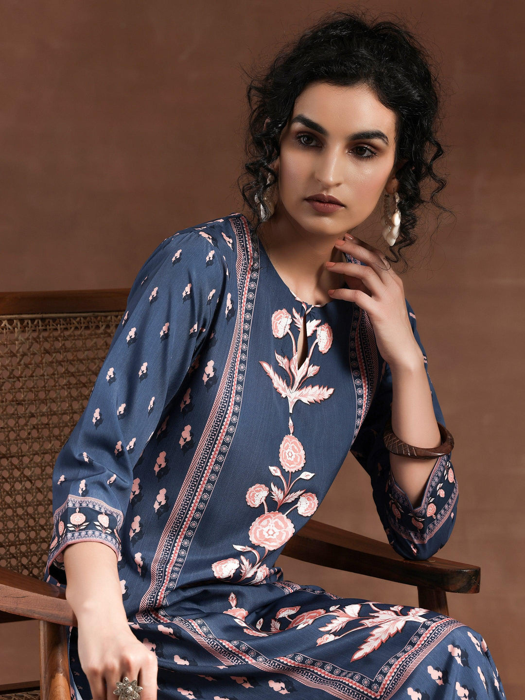 Blue Printed Poly Crepe Straight Kurta Set - Libas