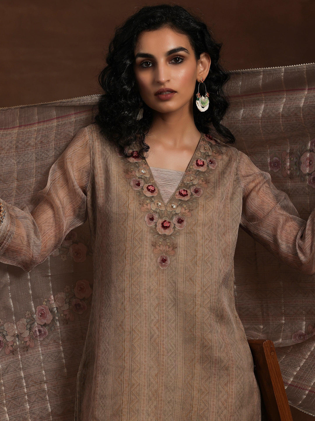 Tan Printed Organza Straight Suit With Dupatta - Libas 