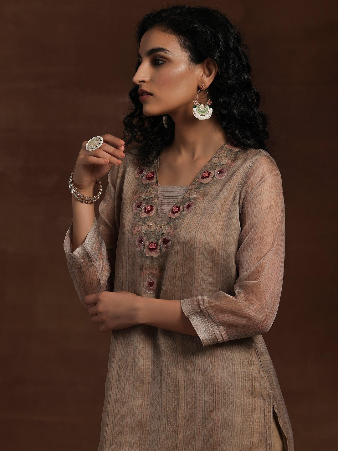 Tan Printed Organza Straight Suit With Dupatta - Libas