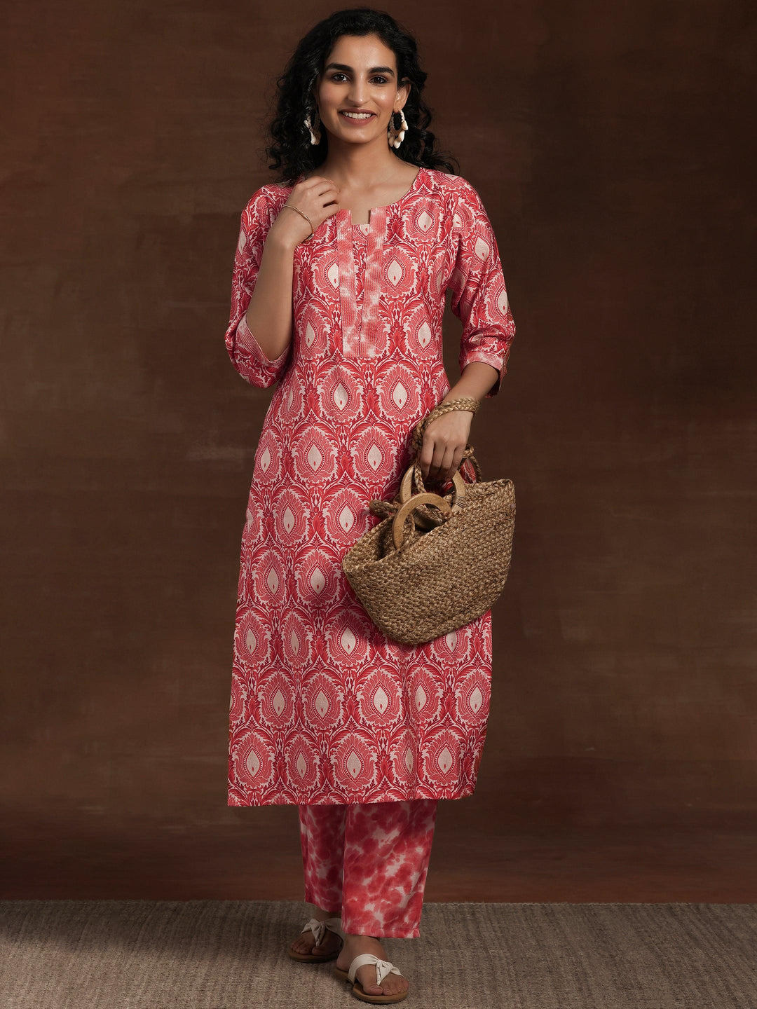 Peach Printed Silk Blend Straight Kurta Set - Libas