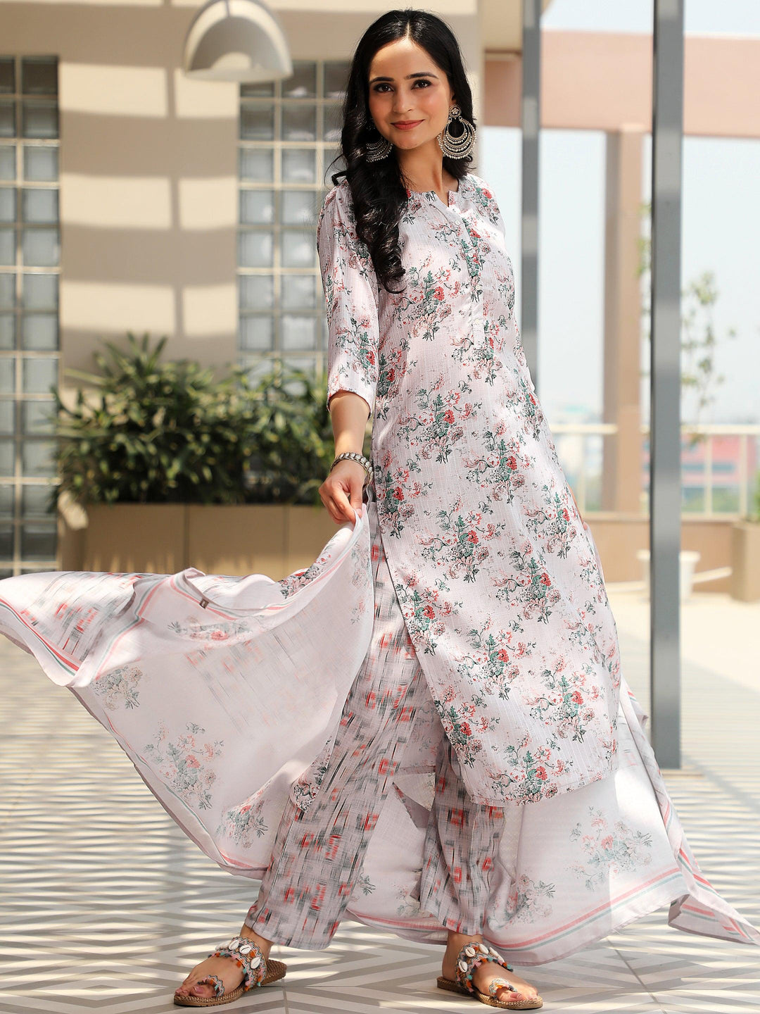 Grey Printed Cotton Straight Suit With Dupatta - Libas