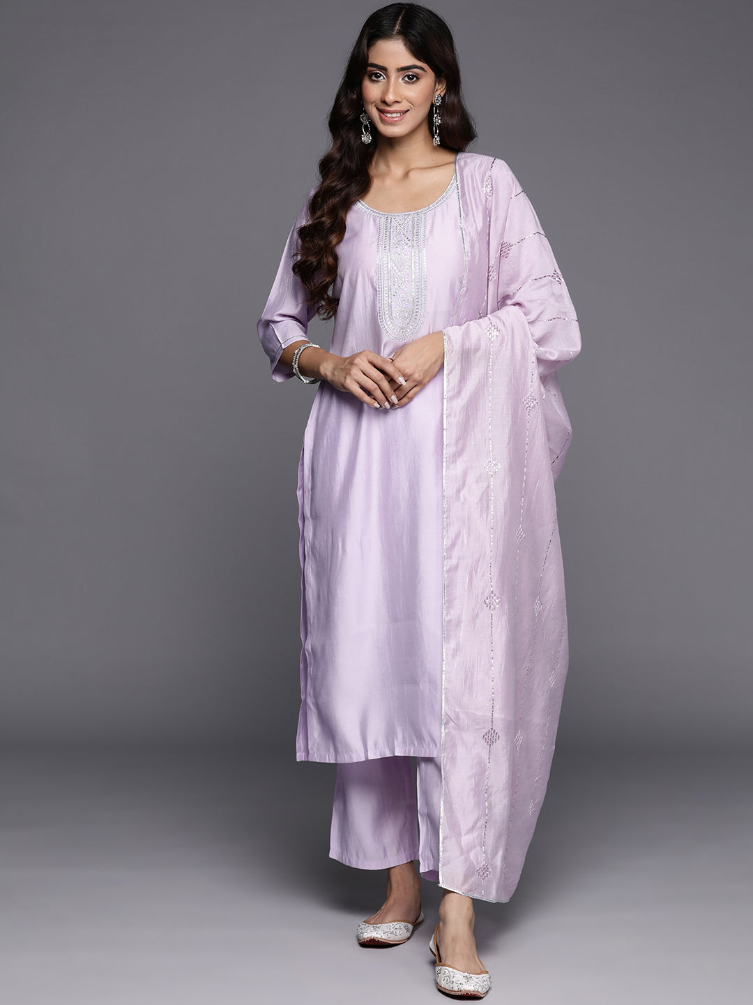 Lavender Yoke Design Silk Blend Straight Suit With Dupatta