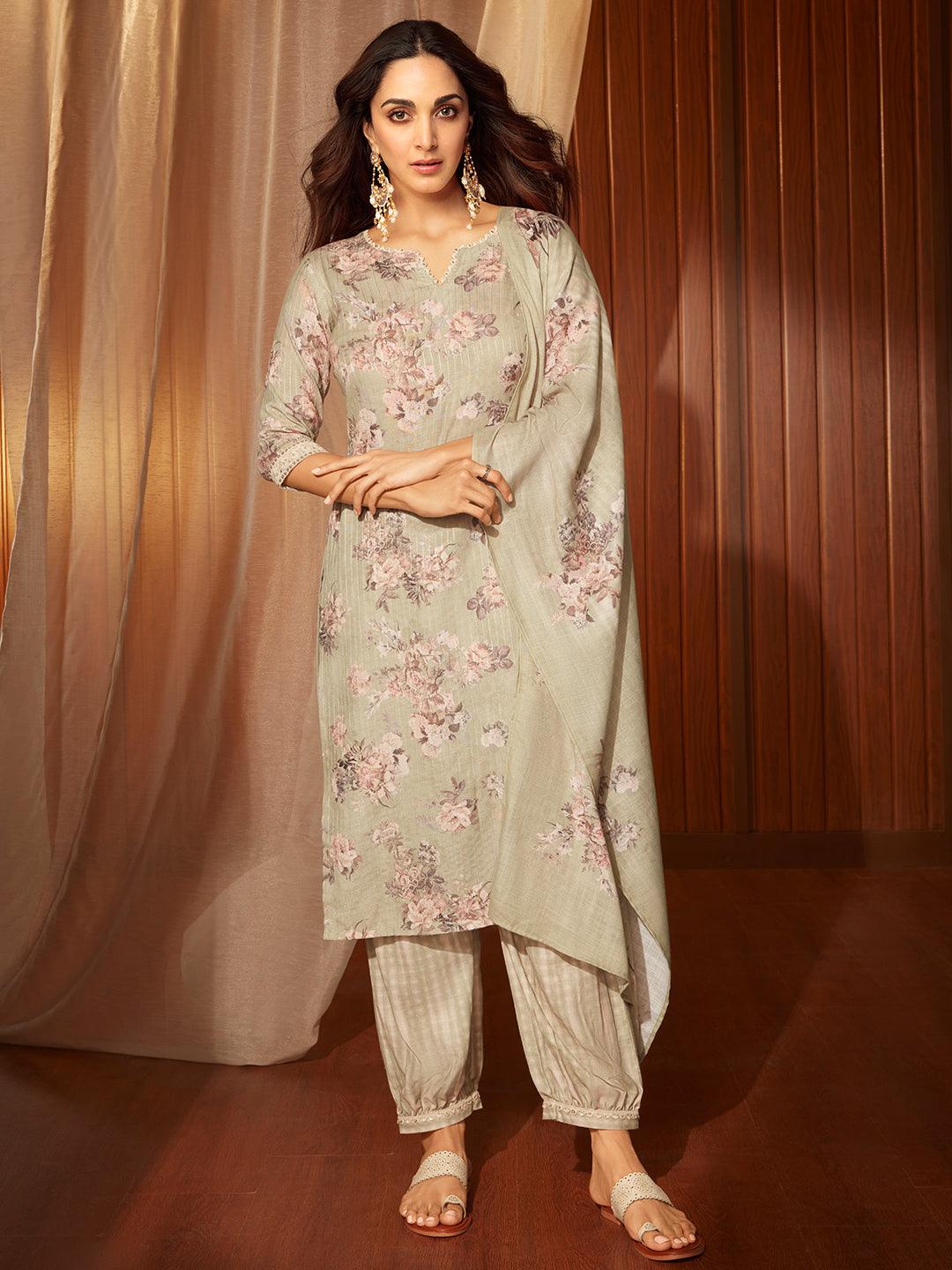 Green Printed Cotton Straight Suit With Dupatta - Libas 