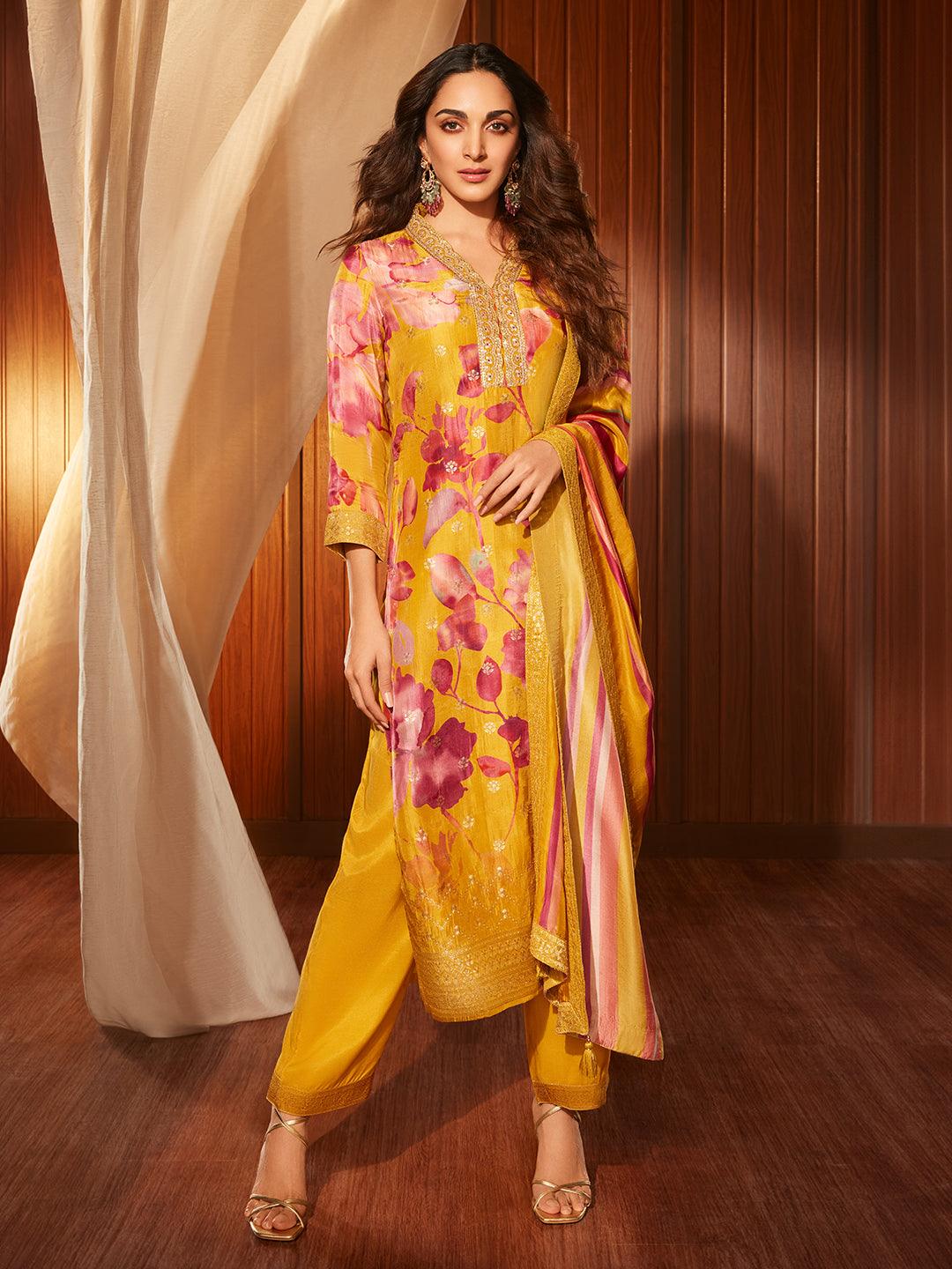 Mustard Printed Silk Blend Straight Suit With Dupatta - Libas 