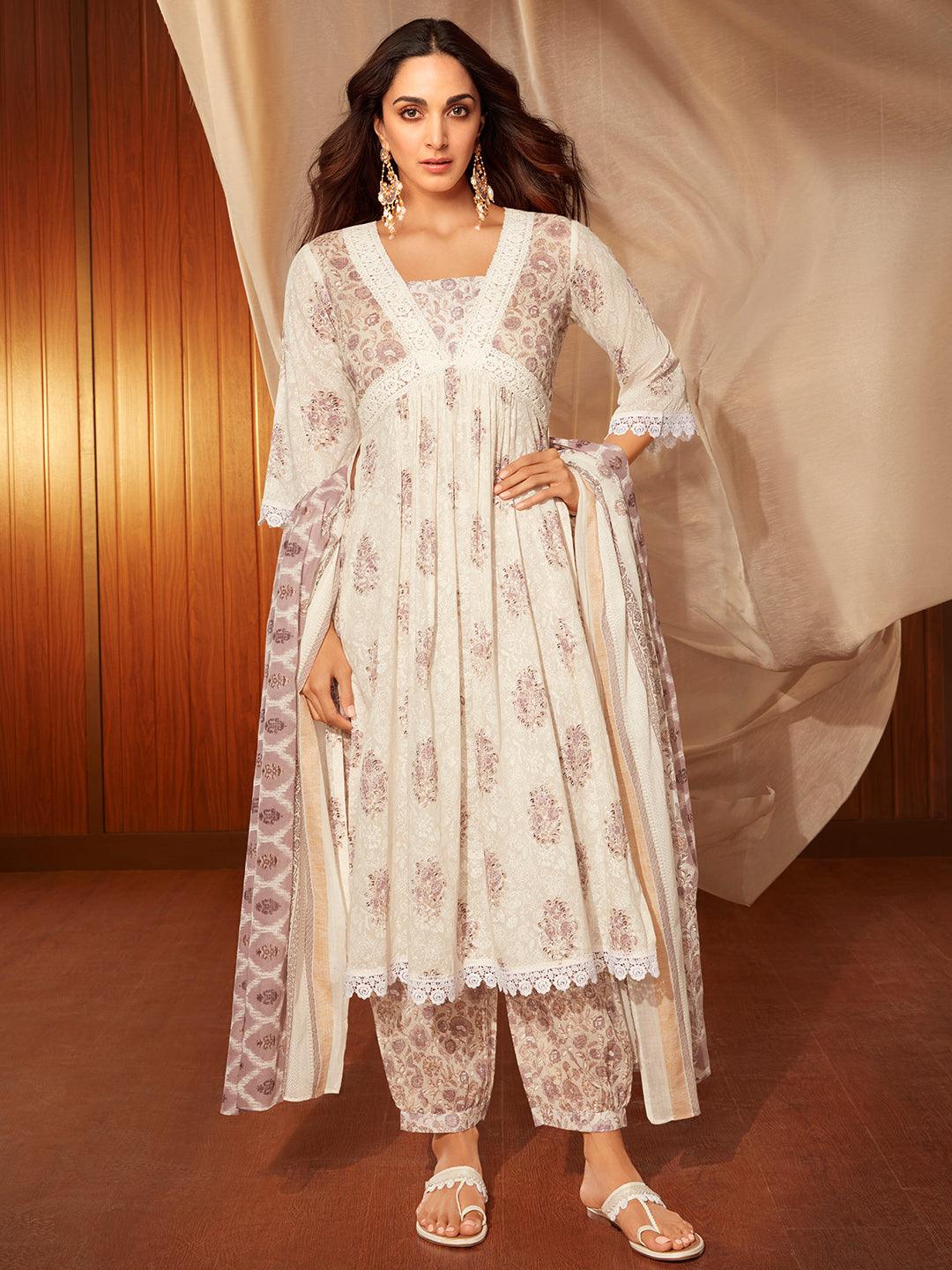 Jannat White Printed Cotton A-Line Kurta With Salwar & Dupatta - Libas 