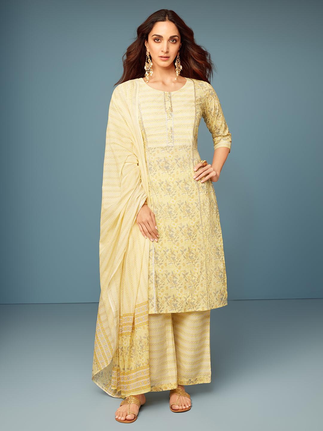 Yellow Printed Cotton Straight Suit With Dupatta - Libas 