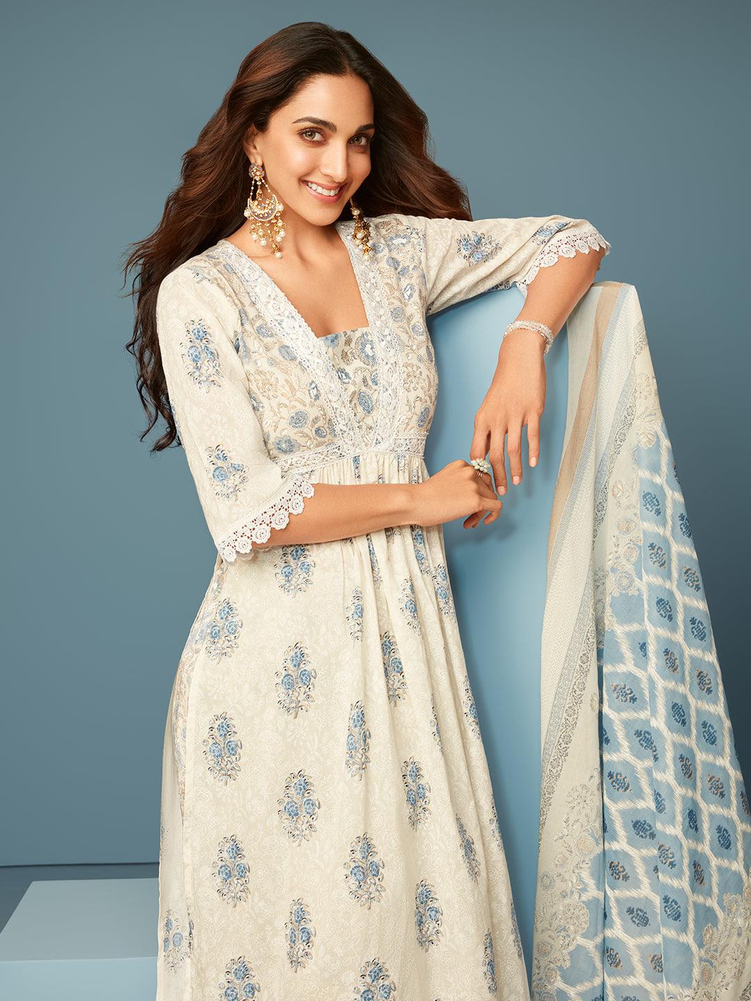 Gauhar White Printed Cotton A-Line Kurta With Salwar & Dupatta - Libas 