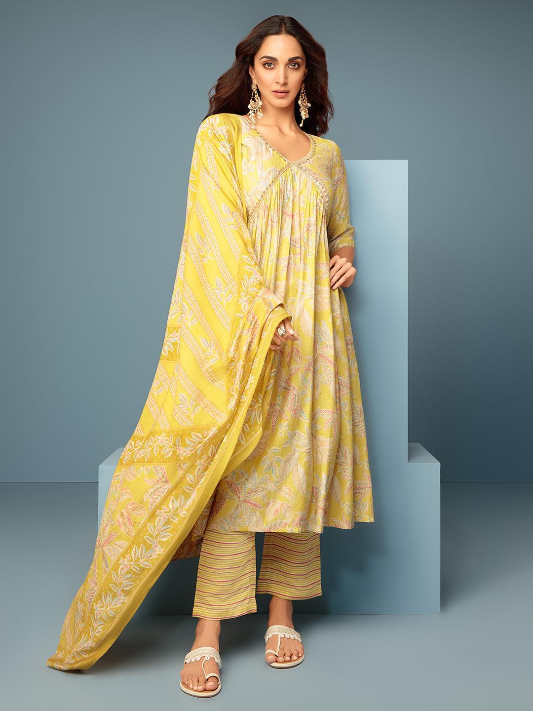 Aashna Mustard Printed Silk Blend A-Line Kurta With Palazzos & Dupatta - Libas 