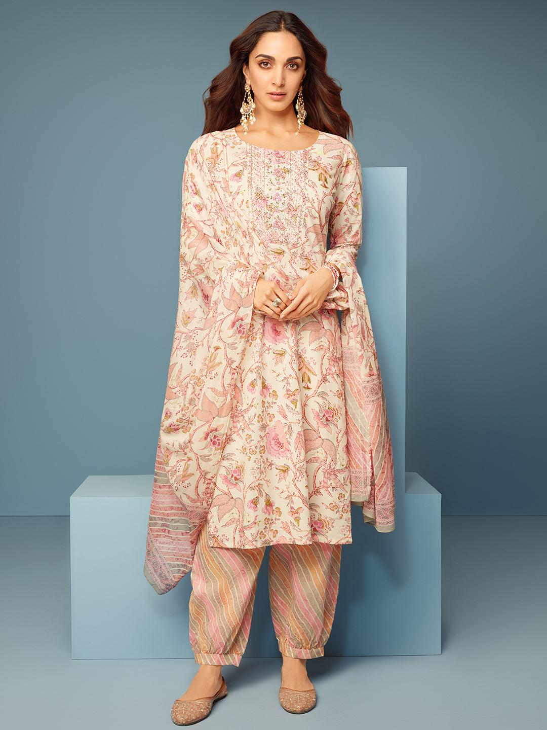 Pink Printed Cotton Straight Suit With Dupatta - Libas