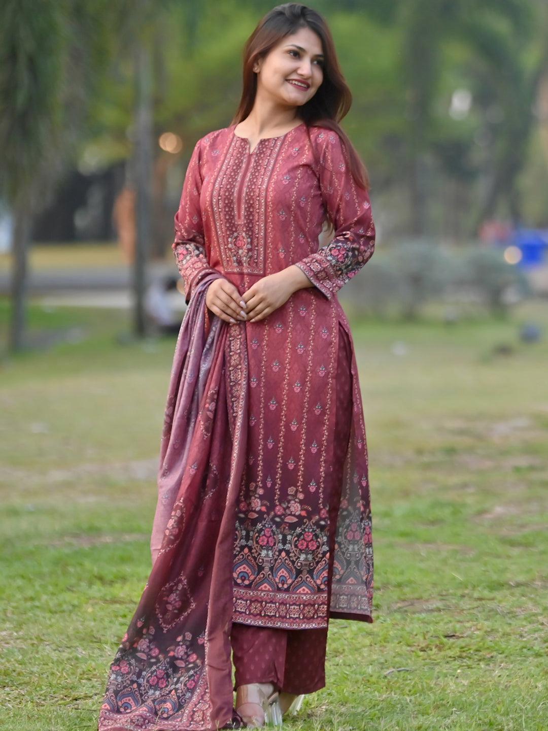  Maroon Printed Crepe Straight Kurta With Trousers & Dupatta 