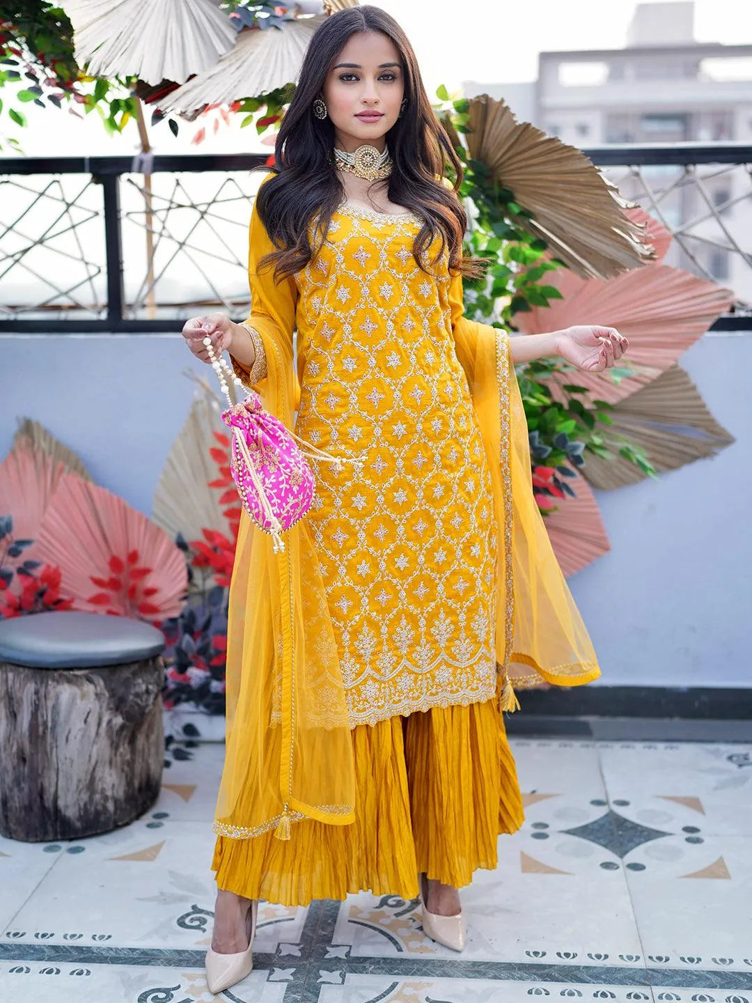 Mustard Embroidered Silk Blend Pakistani Suit