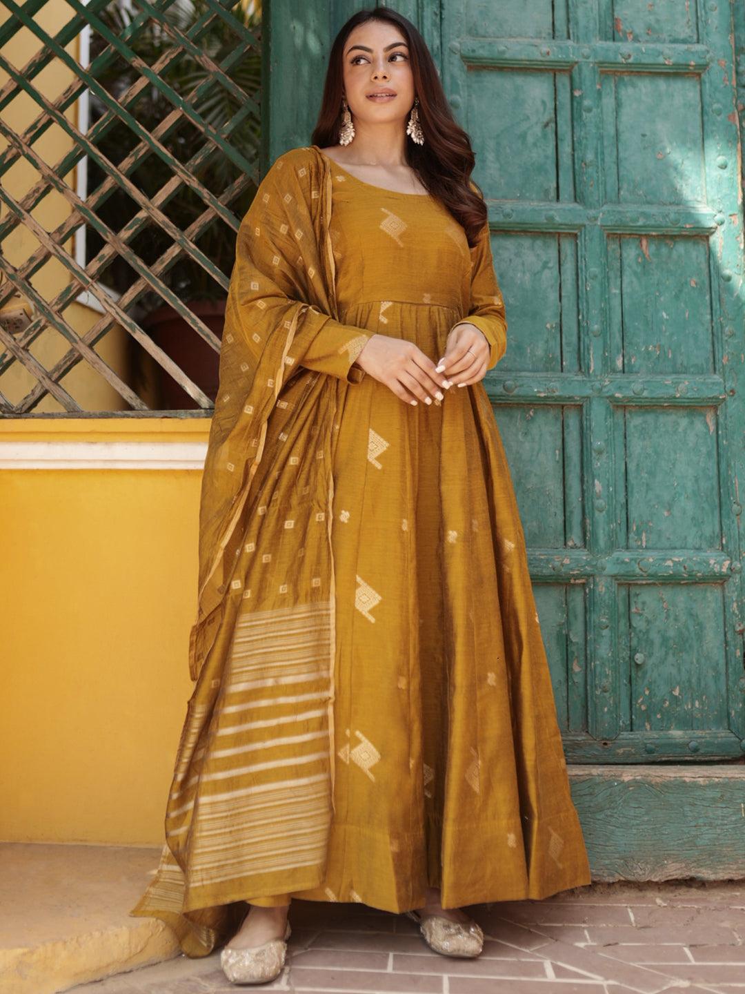  Mustard Woven Design Chanderi Silk Anarkali Suit With Dupatta 