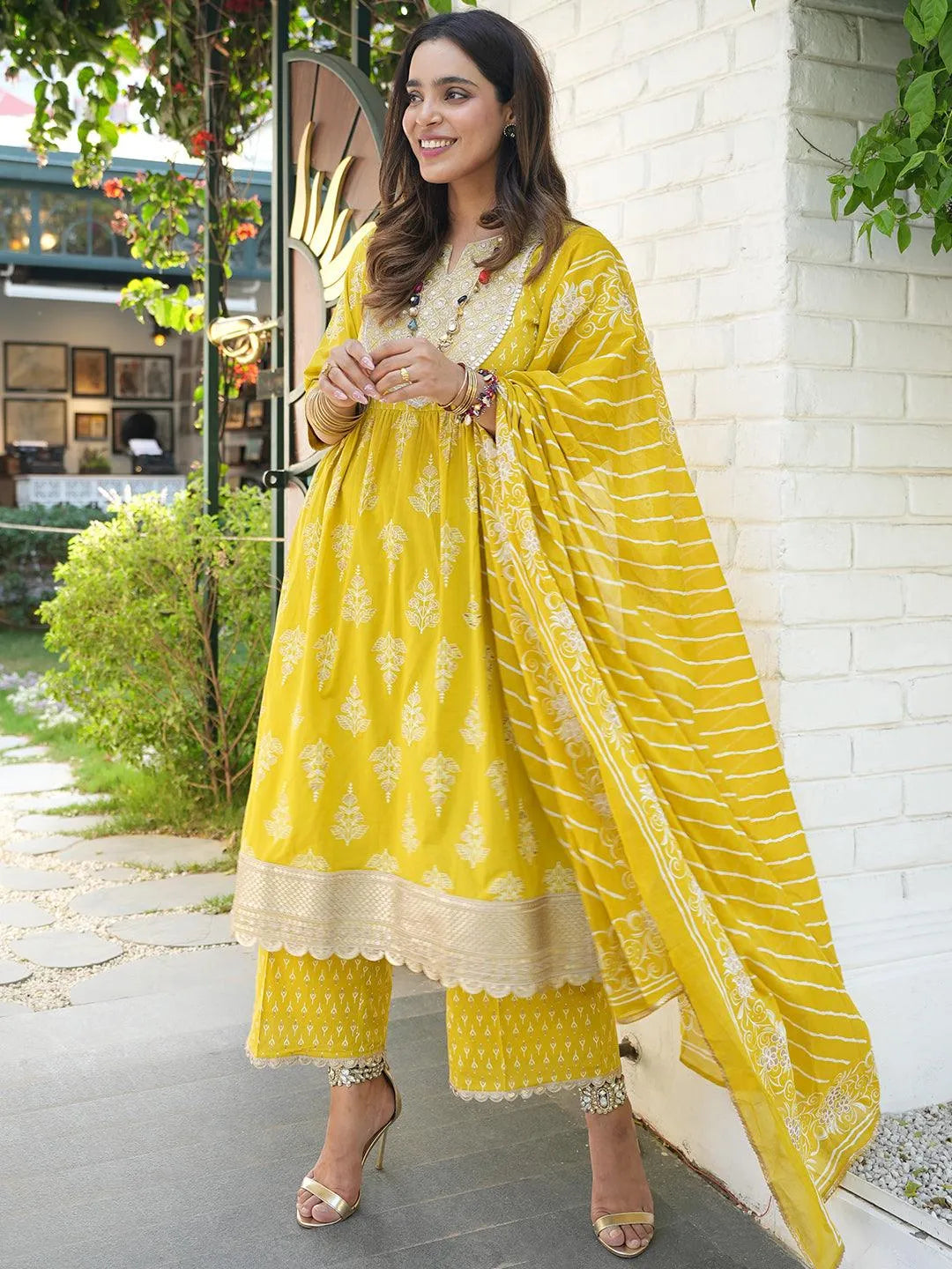  Mustard Yoke Design Cotton A-Line Kurta With Palazzos & Dupatta 