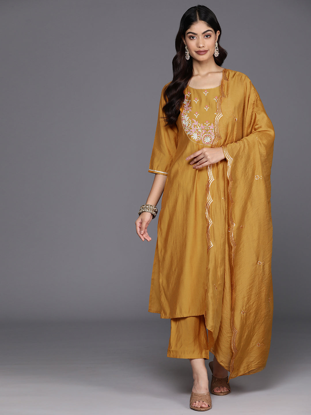 Mustard Yoke Design Silk Blend Straight Suit With Dupatta