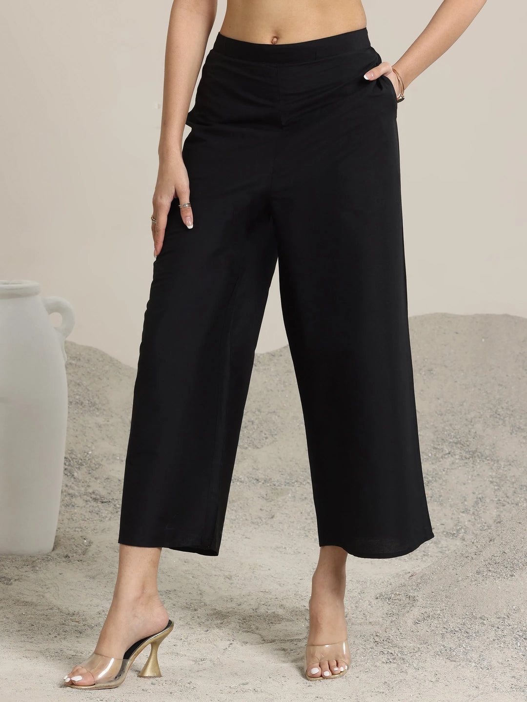  Black Solid Silk Trousers 