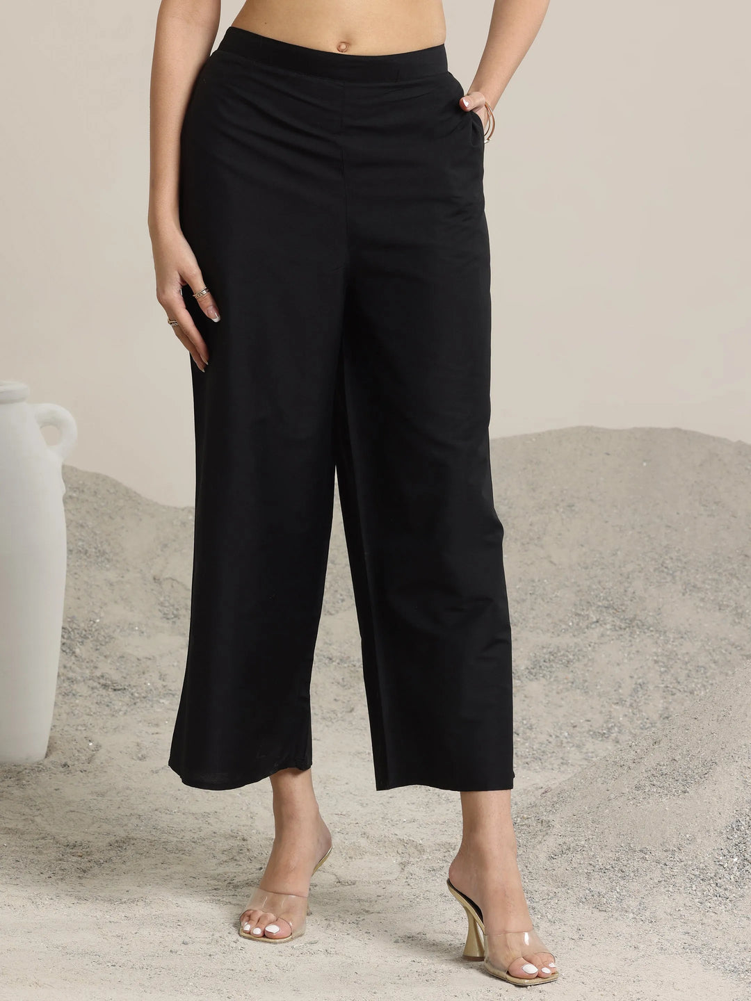  Black Solid Silk Trousers 