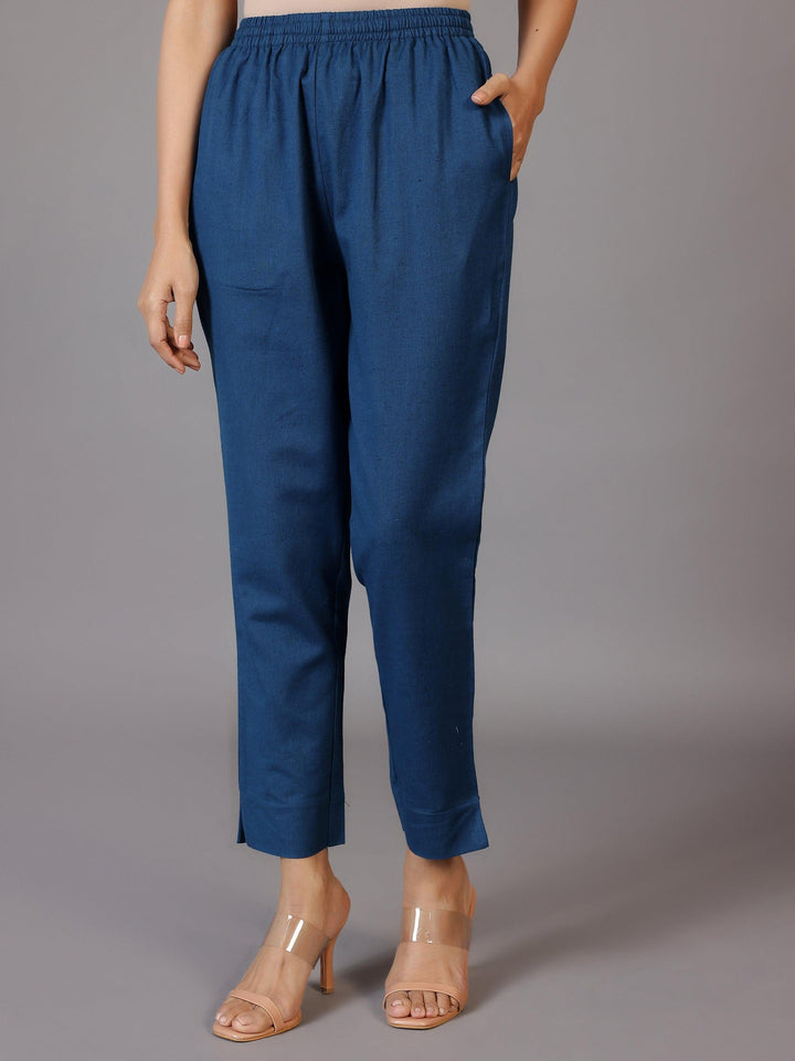 Teal Solid Cotton Trousers - Libas