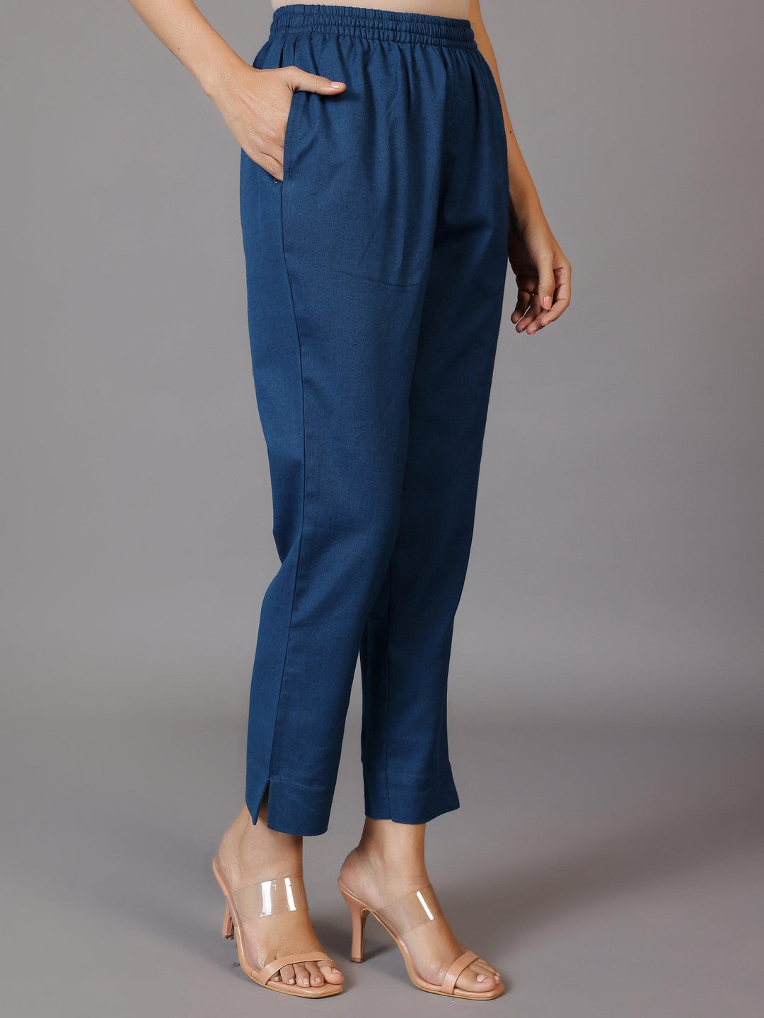 Teal Solid Cotton Trousers - Libas 