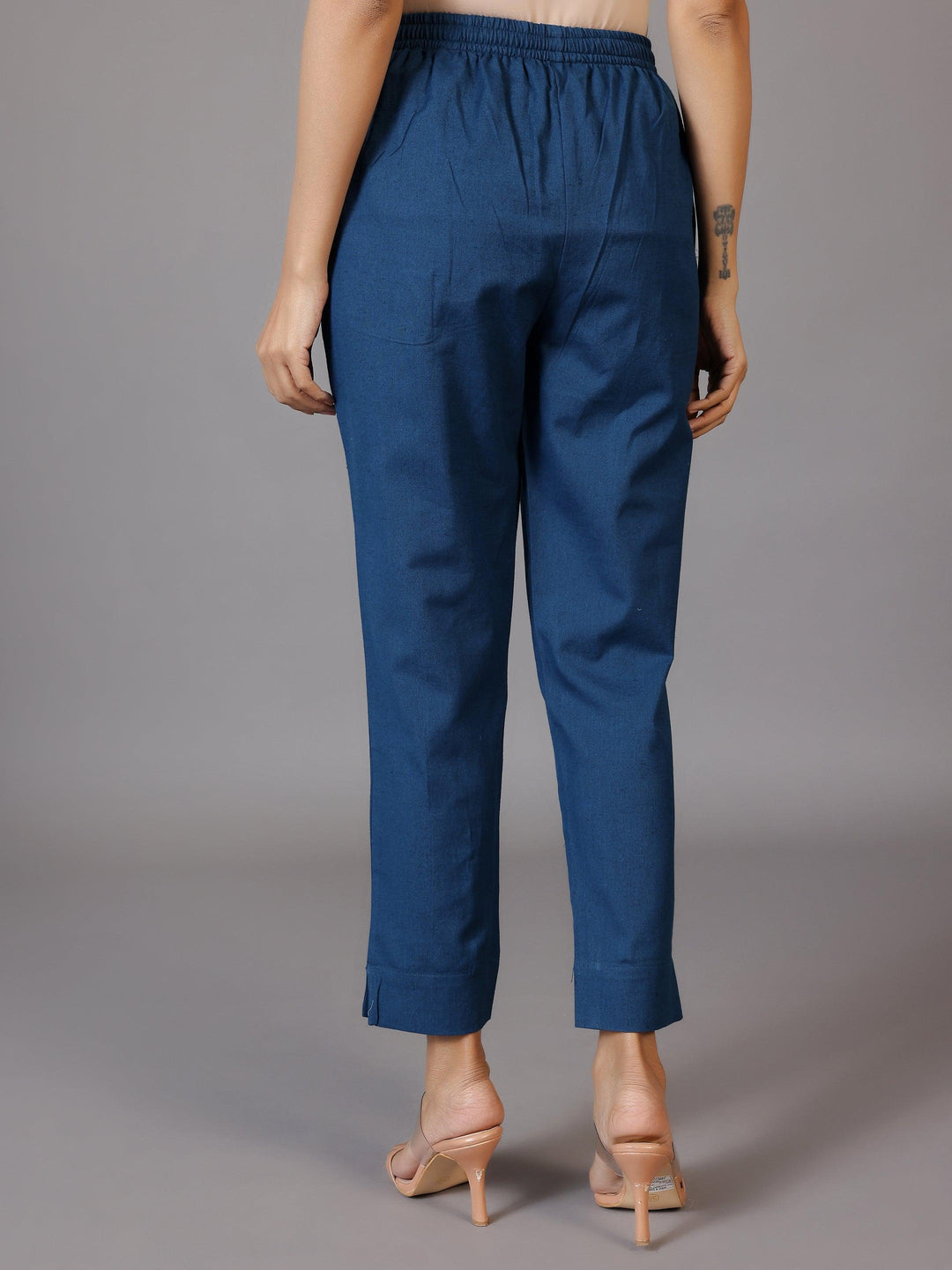 Teal Solid Cotton Trousers - Libas 