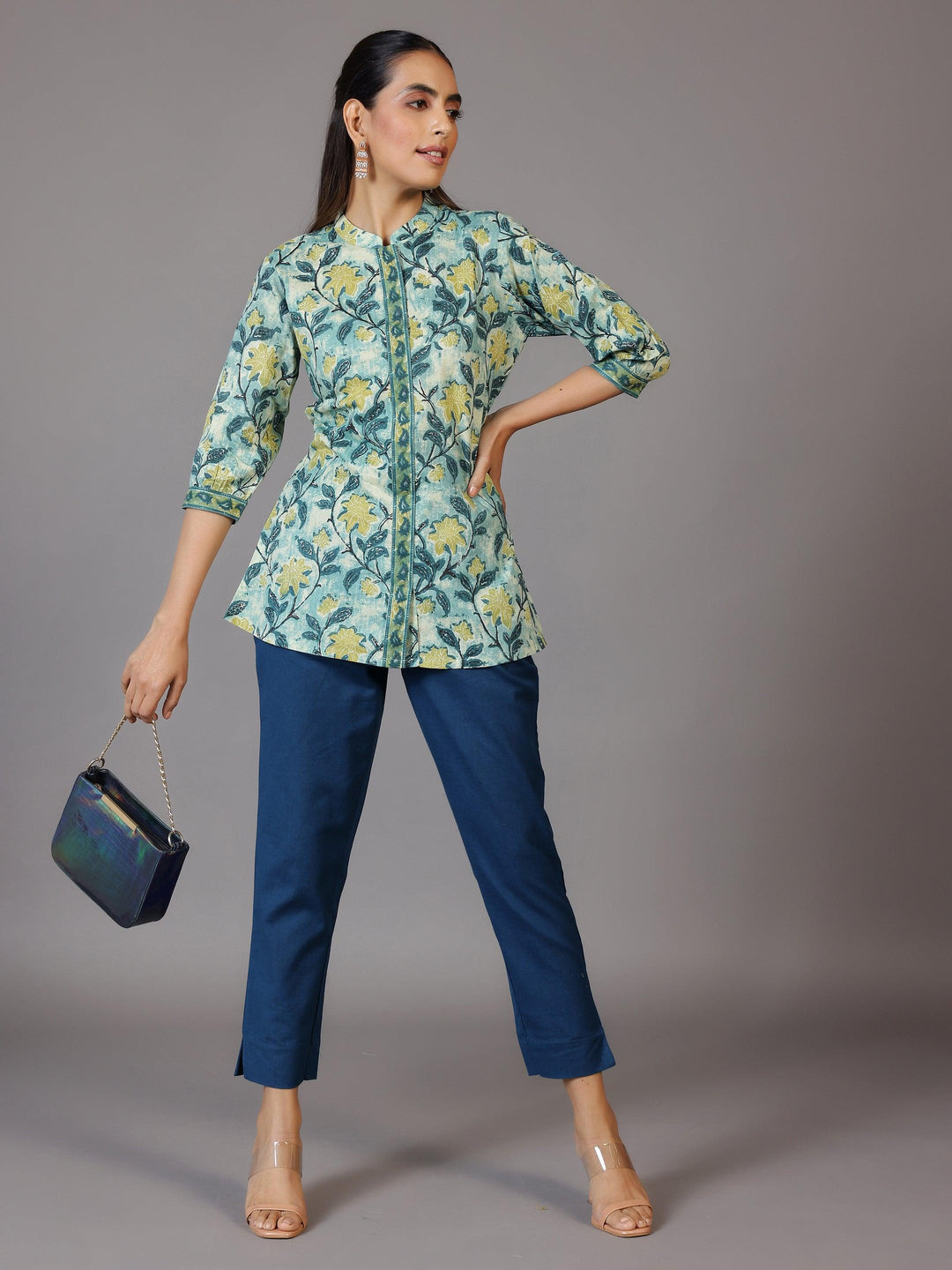 Teal Solid Cotton Trousers - Libas 