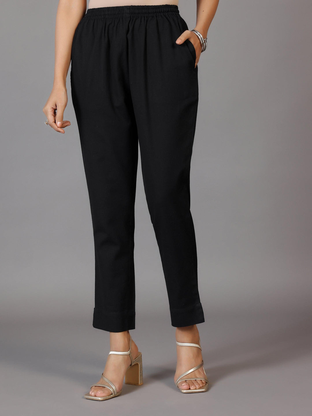 Black Solid Cotton Trousers - Libas